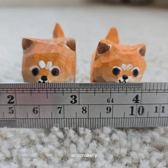 Pair of Tiny Carved Wood Shibas - Picture 3 of 4